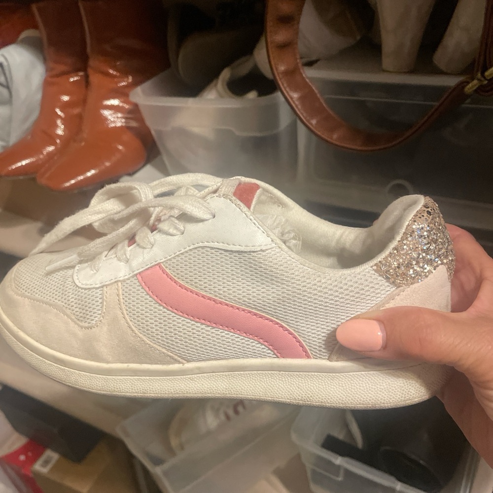 White and Pink Sneakers with Glitter Heel